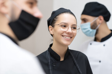 Smiling chef in black uniform and glasses stands with colleagues in bright kitchen, teamwork and positivity visible