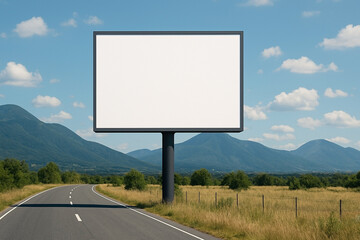 An empty billboard stands on the side of a highway with mountains in the background