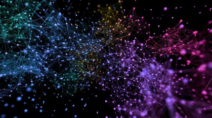 Abstract colorful network of interconnected dots and lines against a dark background.