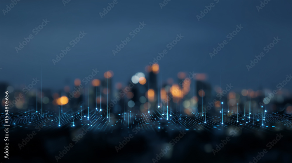 Poster abstract cityscape illuminated by glowing ai circuits, futuristic technology, digital network, night