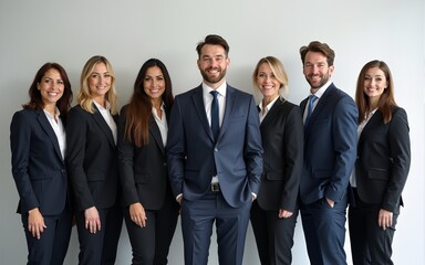 a show of unity, a row of Caucasian businesspeople poses for a group photo, showcasing their collective vision for the successful business corporation., Generative AI. High quality