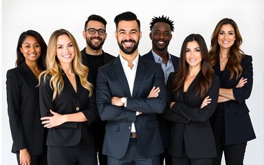 A diverse group of businesspeople poses for a professional team photo, exuding confidence and professionalism, while looking smart and impeccable. Generative AI. High quality