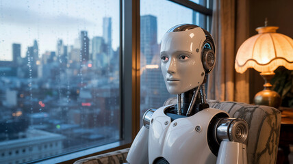 A humanoid robot sitting alone at a window, gazing at the city lights, humanlike sadness in its synthetic eyes, soft rain outside, warm indoor lighting, cinematic solitude