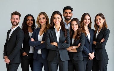 A diverse group of businesspeople poses for a professional team photo, exuding confidence and professionalism, while looking smart and impeccable. Generative AI. High quality