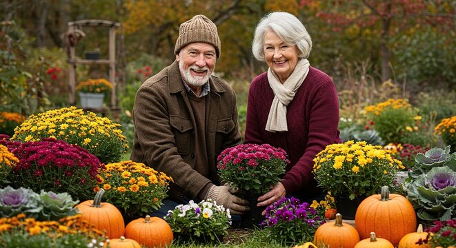 Happy senior couple enjoying the fall harvest in their beautiful garden.