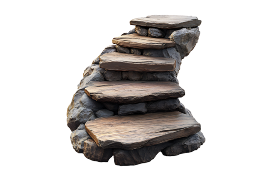 Steps constructed from stones and wood slabs isolated on transparent background.
