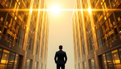 an individual standing amidst tall buildings that resemble office structures, suggesting an urban environment possibly at sunrise, given the warm lighting and elongated shadows