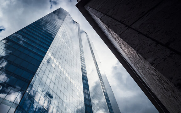 City of London Skyscrapers. A low, wide angle view of the contemporary architecture within the financial City of London district of the UK capital city.