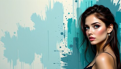 a woman standing in front of a textured, blue green background. she is positioned slightly off center to the right, looking directly at the viewer with her hair styled down
