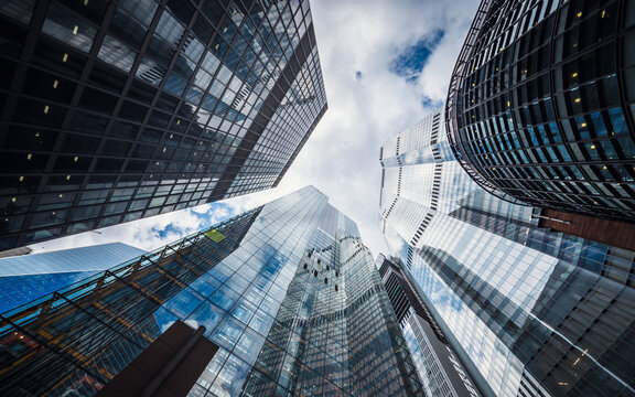 City of London Skyscrapers. A low, wide angle view of the contemporary architecture within the financial City of London district of the UK capital city.