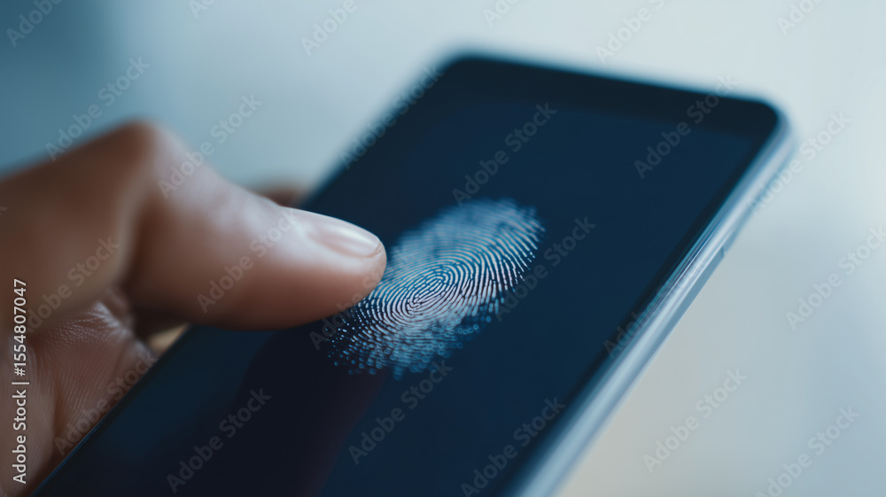 Poster close up of fingerprint authentication on smartphone screen, security technology, modern, digital, s