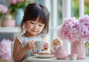 A little girl in colorful dress having tea party with her doll, flowers on the table, white background