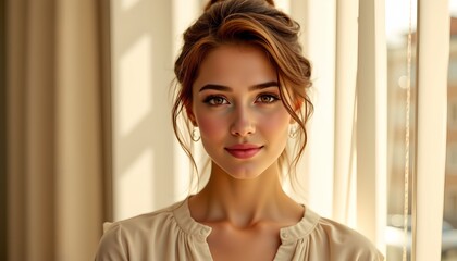 a woman looking directly at the camera with a gentle expression. she has long hair and is wearing makeup. her attire consists of a light colored top