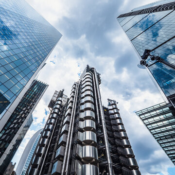 City of London Skyscrapers. A low, wide angle view of the contemporary architecture within the financial City of London district of the UK capital city.