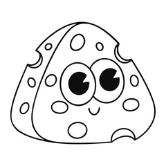 Cute cartoon cheese slice with smiling face line art isolated on white background