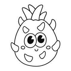 Dragon fruit line art with cute cartoon face isolated on white background