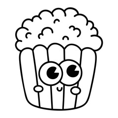 Popcorn bucket line art with cute cartoon face isolated on white background