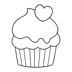 Cupcake outline icon with heart topping isolated on white background