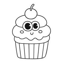 Cute cupcake outline icon with cherry and big eyes isolated on white background