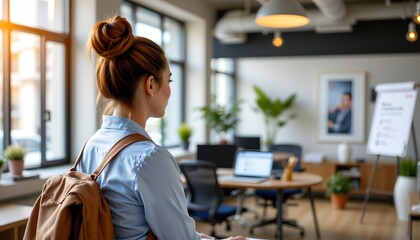a professional office setting with a woman in business attire standing and looking out over an open workspace. she is positioned near a reception desk with a sign that reads "member of the banx