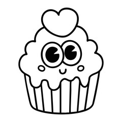 Cute cartoon cupcake with heart topping black and white outline isolated on white background