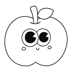 Cute cartoon apple black and white outline isolated on white background