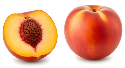 Nectarine, Nectarines, Fruit, Nectarine, Half and Whole, Isolated on White Background