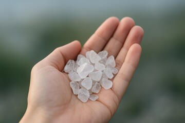 A human hand holding clear raw quartz crystals, known for their use in metaphysical and spiritual practices