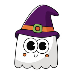 Cute cartoon ghost with wizard hat and big green eyes isolated on white background