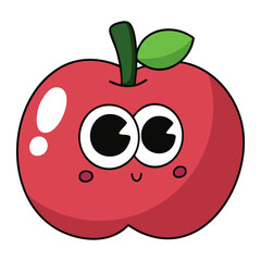 Cute red apple cartoon character with big eyes and smile isolated on white background