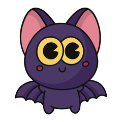 Cute purple bat cartoon character with big eyes and smile isolated on white background