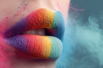 Close-up of lips painted in rainbow colors with colorful powder around.