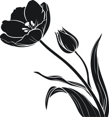 A stylized, black and white silhouette of a tulip and its bud, set against a clean white background.