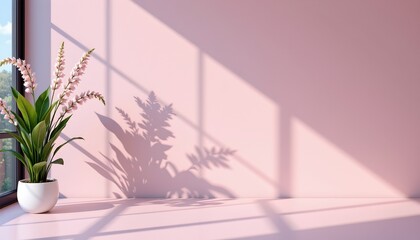 a tranquil indoor setting with warm natural light. a vase with flowers rests on a window sill against a pink backdrop, creating a soft contrast. the flowers add a touch of nature to the room
