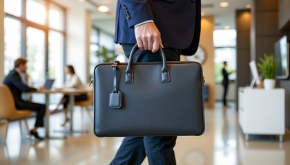 a man in a suit walking through an office building, pulling a briefcase behind him. he is dressed in business attire, including a jacket, trousers, and shoes, suggesting a formal work environment