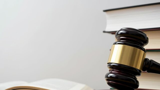 Wooden gavel resting on a desk with stacked law books in the background, symbolizing justice, legal proceedings, and the judicial system, conveying authority and order.