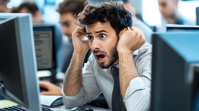 Stressed software developer is debugging errors on multiple screens in busy office