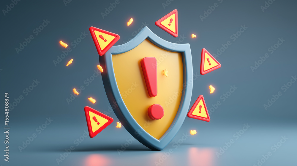 Poster shield warning icon alert security protection cyber risk digital 3d render glowing sign danger