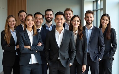 Team photo of a diverse group office meeting of businesspeople exuding confidence and looking smart and impeccable. High quality