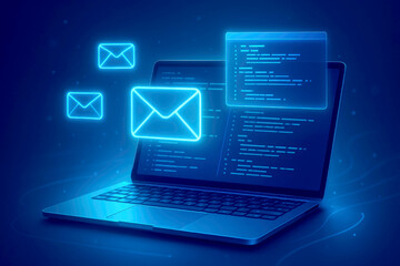 Glowing blue digital envelopes and code on laptop screen technology communication