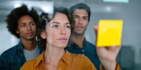 Focused woman leading creative brainstorming session with coworkers using sticky notes on glass wall