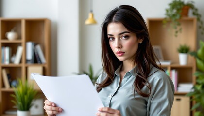 there is a young woman in a modern office setting. she is holding a piece of paper with both hands, her expression one of concentration or review