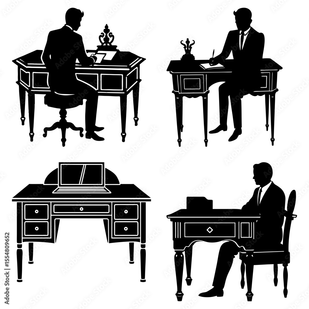 Aufkleber silhouettes of men working at desks with computers and writing on paper in a vector illustration