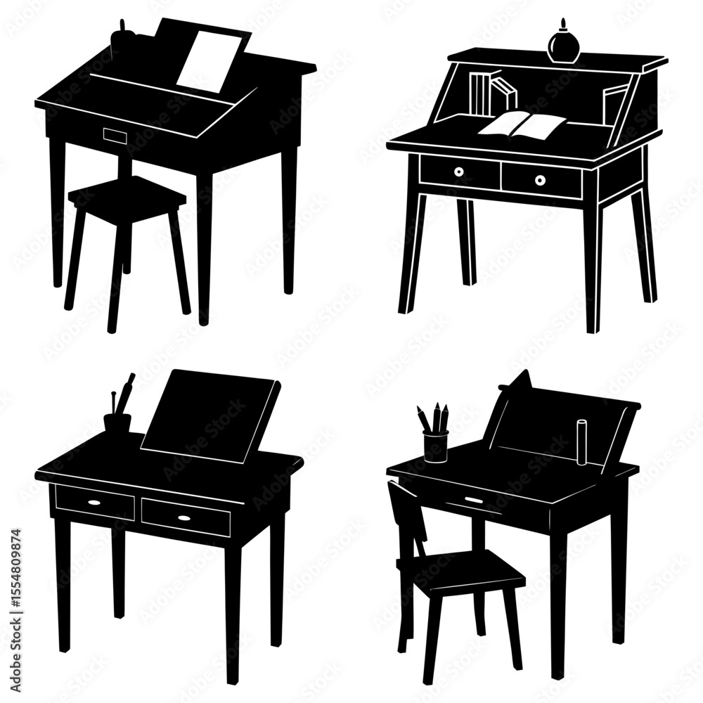 Aufkleber four different styles of black desks are displayed on a white background in a graphic design style