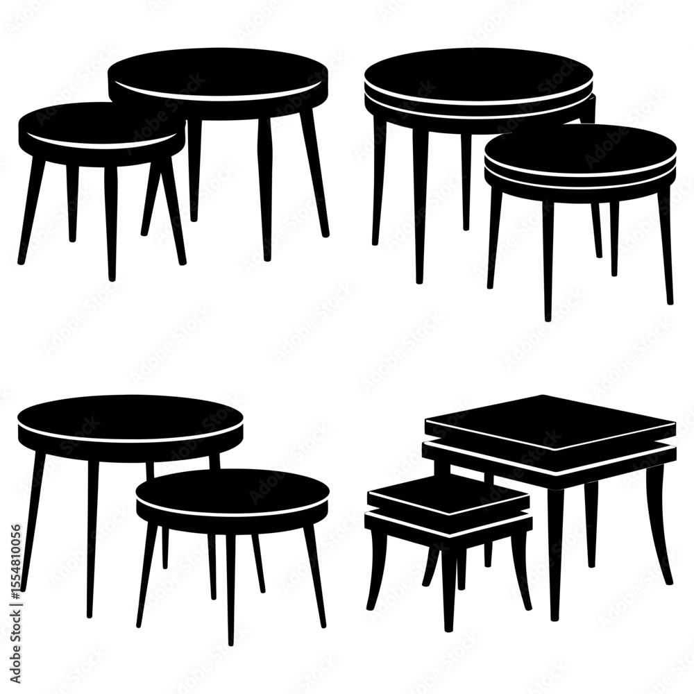 Poster four sets of nesting tables isolated on white background in silhouette