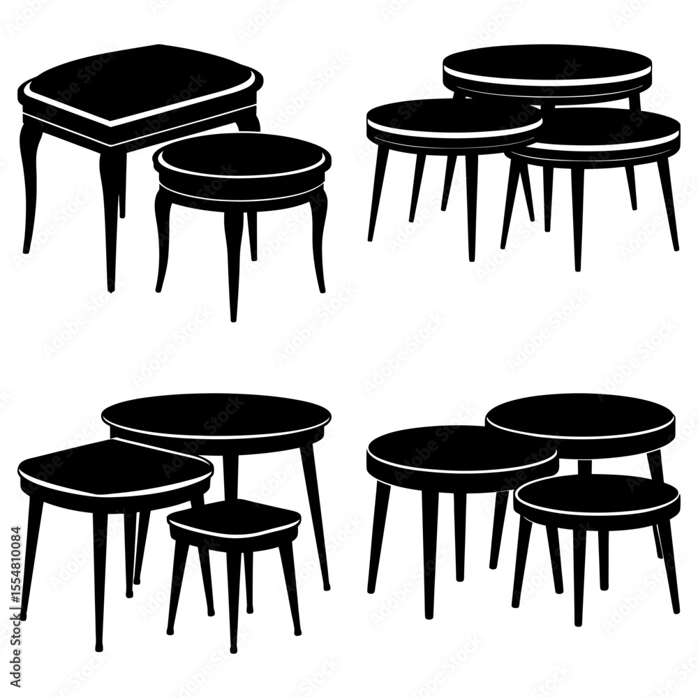 Poster four sets of nesting tables isolated on white background in silhouette