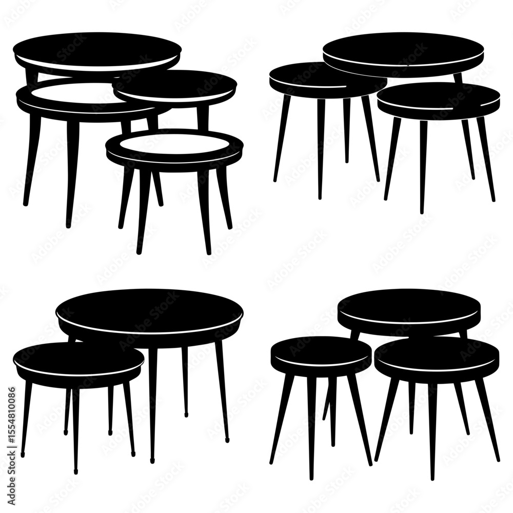 Poster four sets of nesting tables isolated on white background in silhouette