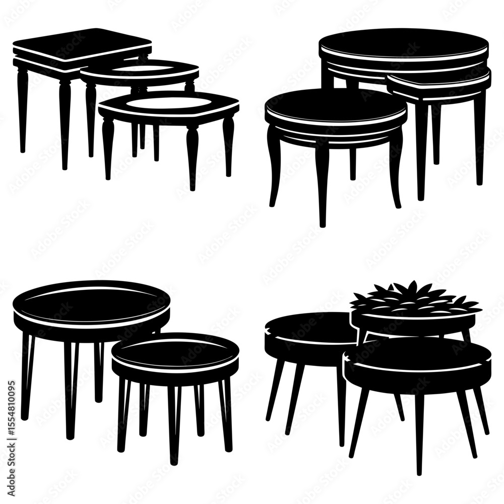 Poster four sets of nesting tables isolated on white background in silhouette