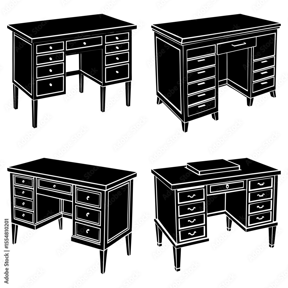 Poster collection of desks isolated on white background in various styles
