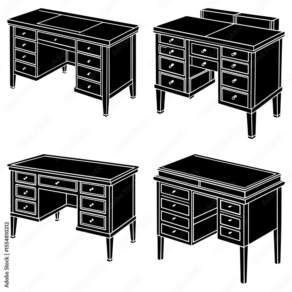 Aufkleber collection of various desks isolated on white background in different styles